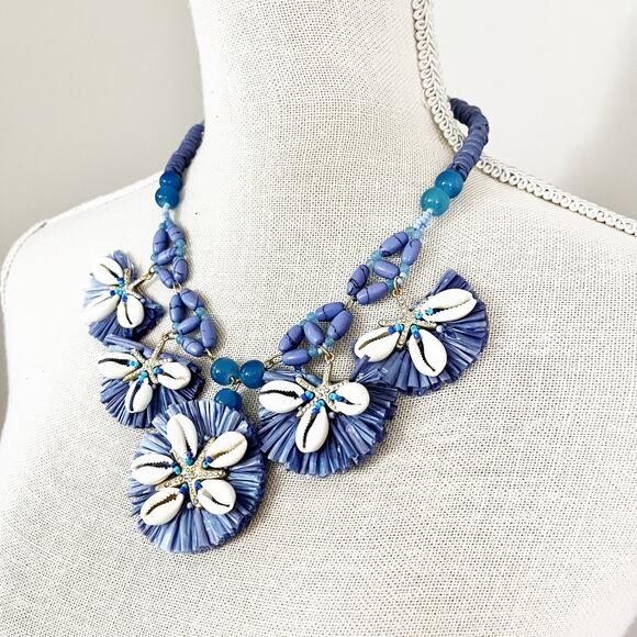 NEW Chico's Periwinkle Blue Shell Bib Statement Necklace - Picture 4 of 7